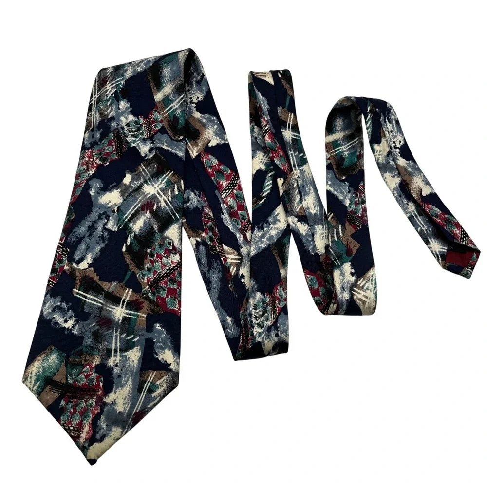 Zylos George Machado Mens Abstract Silk Tie Navy Blue‎ Teal Burgundy Italy 90s